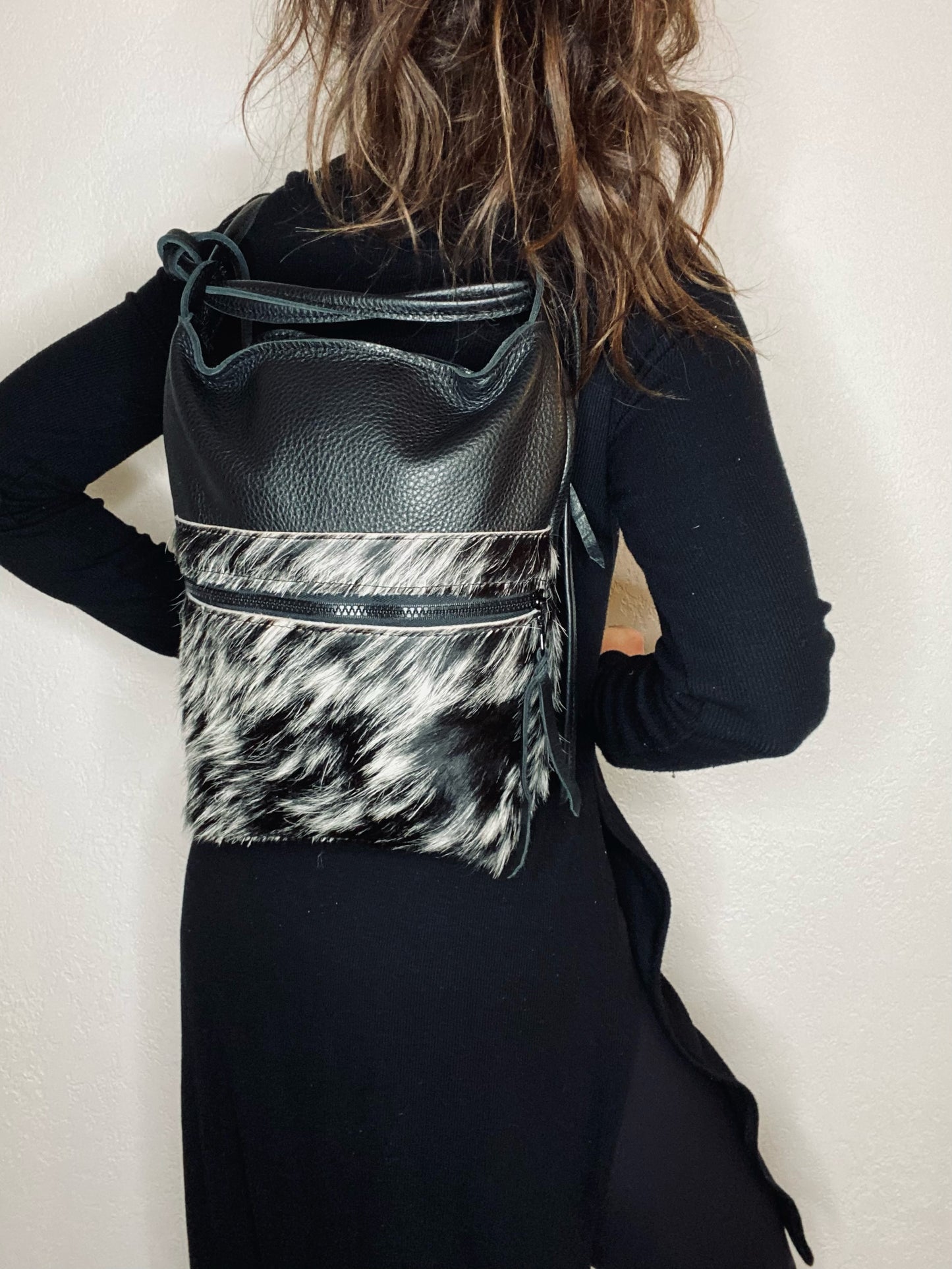 The Jack Bag in Grainy Black Leather with Spotted Hair on Hide Front Pocket